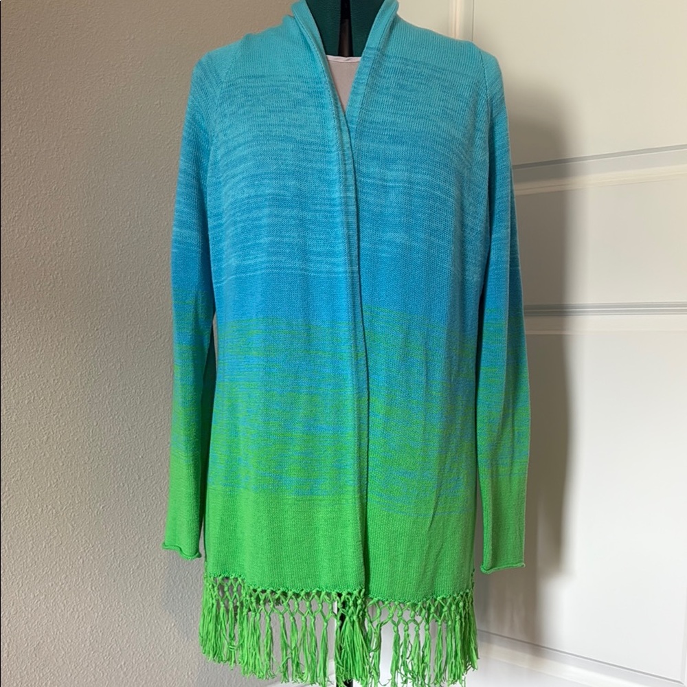 Lilly Pulitzer M Sweater Blue and Green Ombre Cardigan with Fringe
